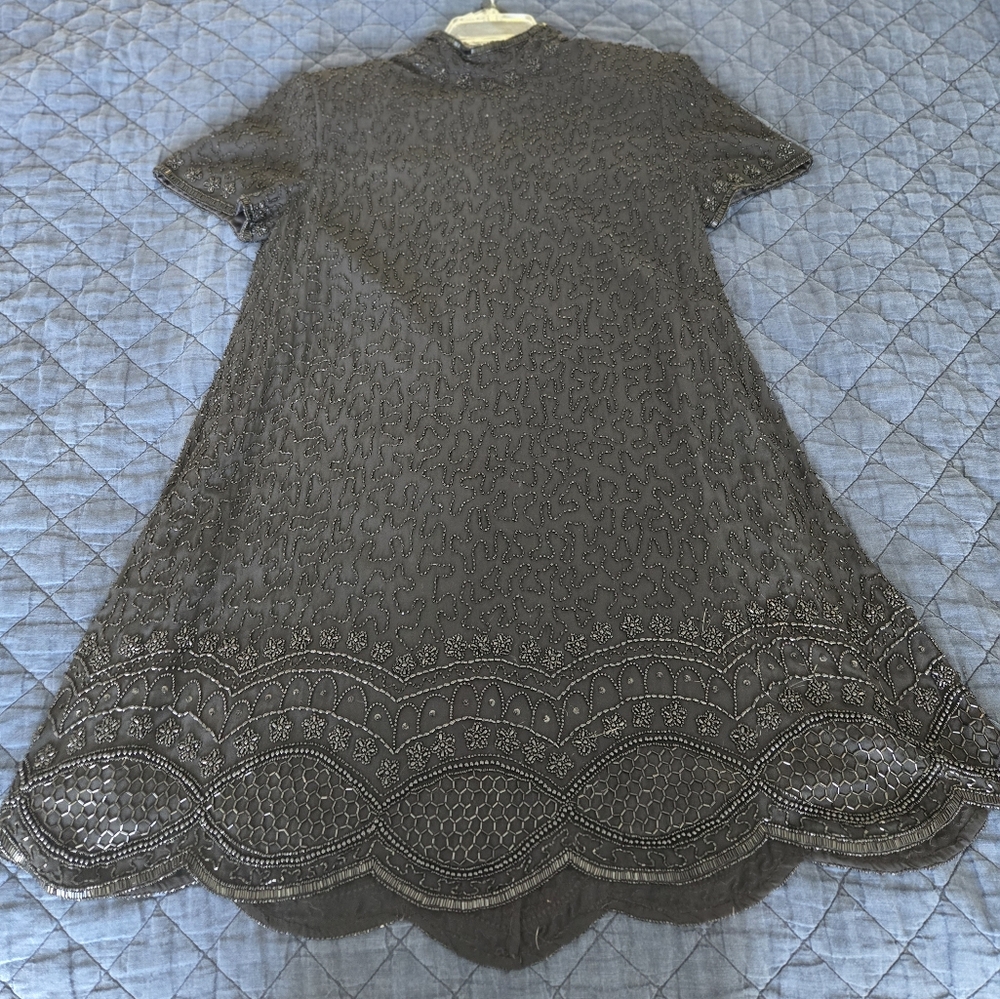 J Kara dress size L Black silk all over beaded, high neck evening cocktail dress